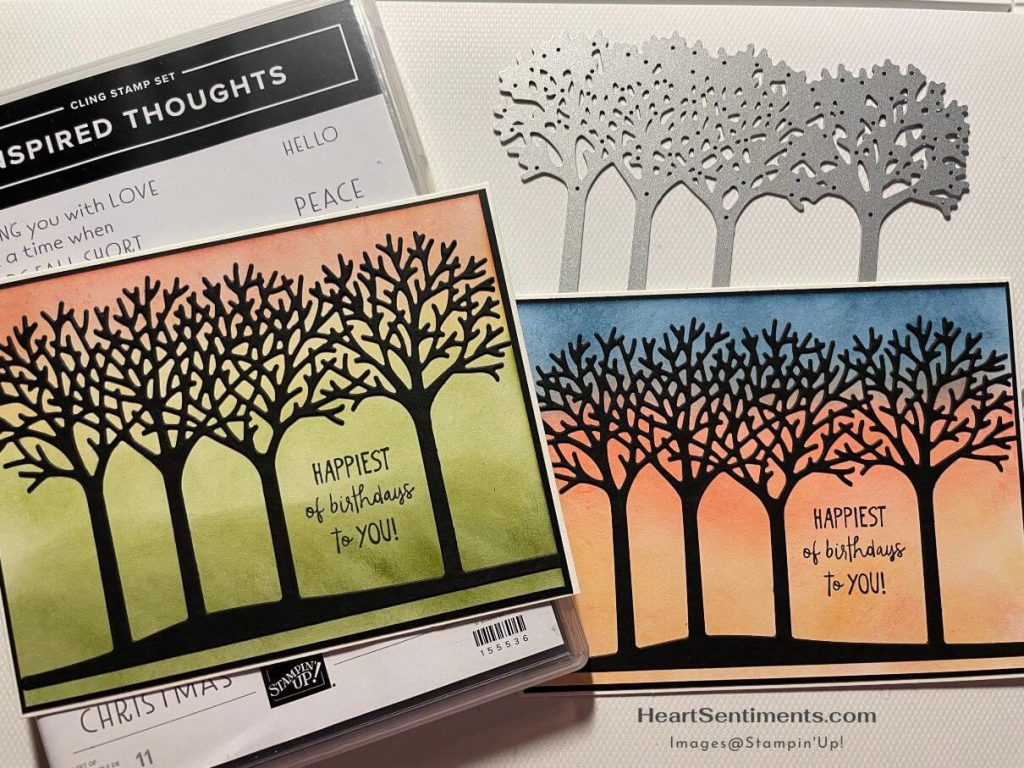 Inspired Canopy cards with die cut trees and sponging