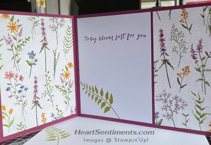 Inside Diamond fold card with Dainty Flowers papeer