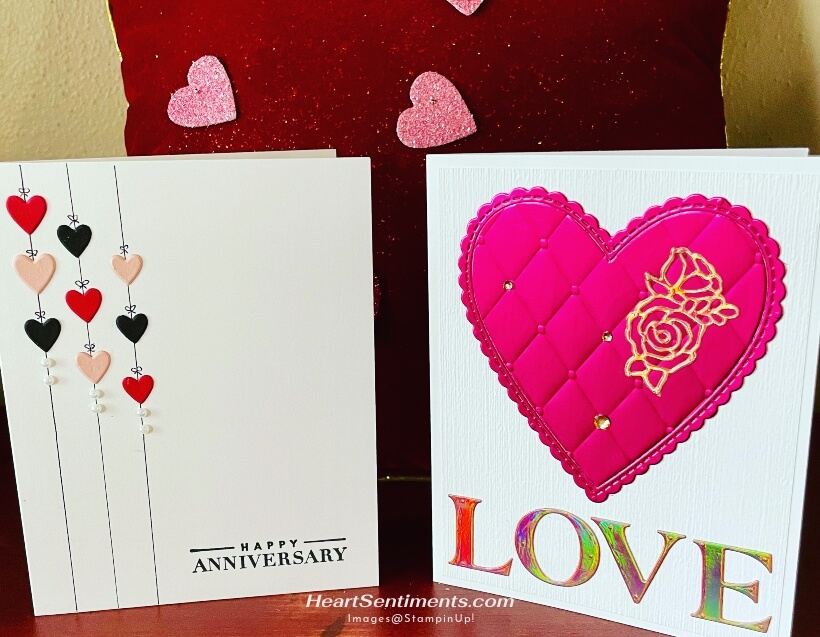 Valentine cards, one with strings of tiny hearts, one with LOVE and large pink foil embossed heart