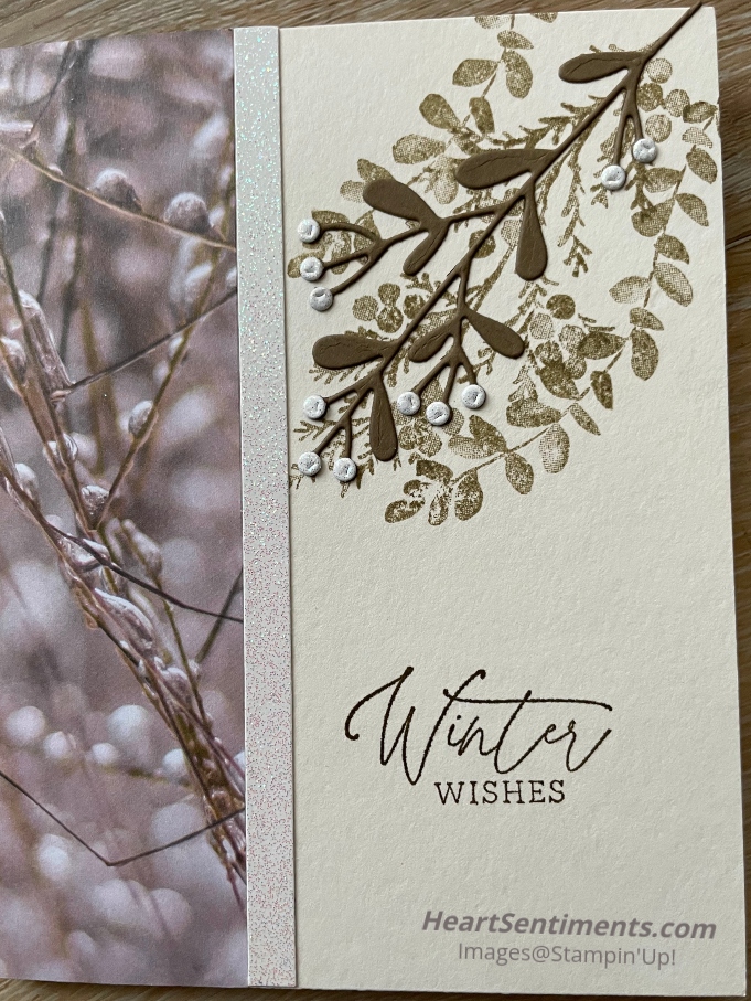 Winter Wishes card using patterned paper of pussy willows and stamps and die cut berry sprig from Winter Meadow stamp set