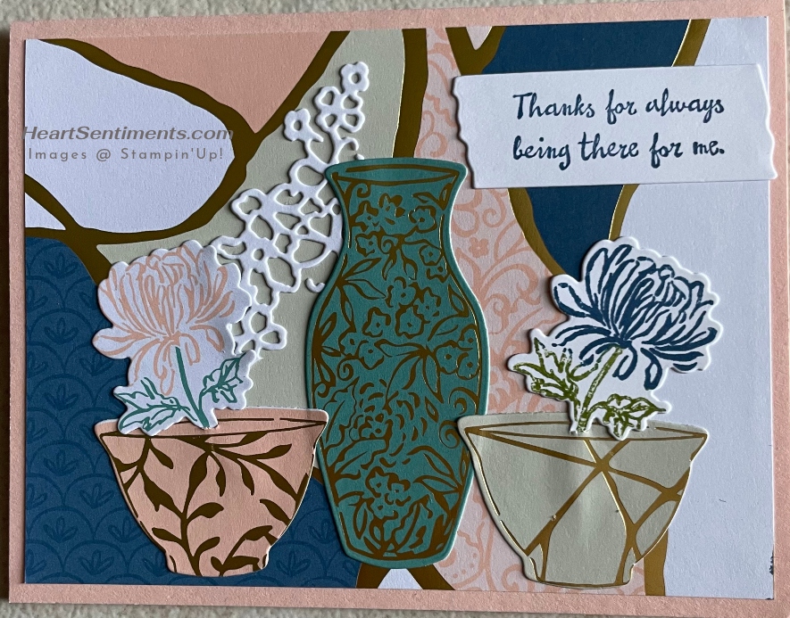 Kintsugi thanks card with one vase, 2 cups & flowers